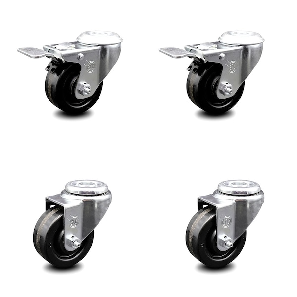 3.5 Inch Phenolic Wheel Swivel Bolt Hole Caster Set with 2 Total Lock Brake SCC